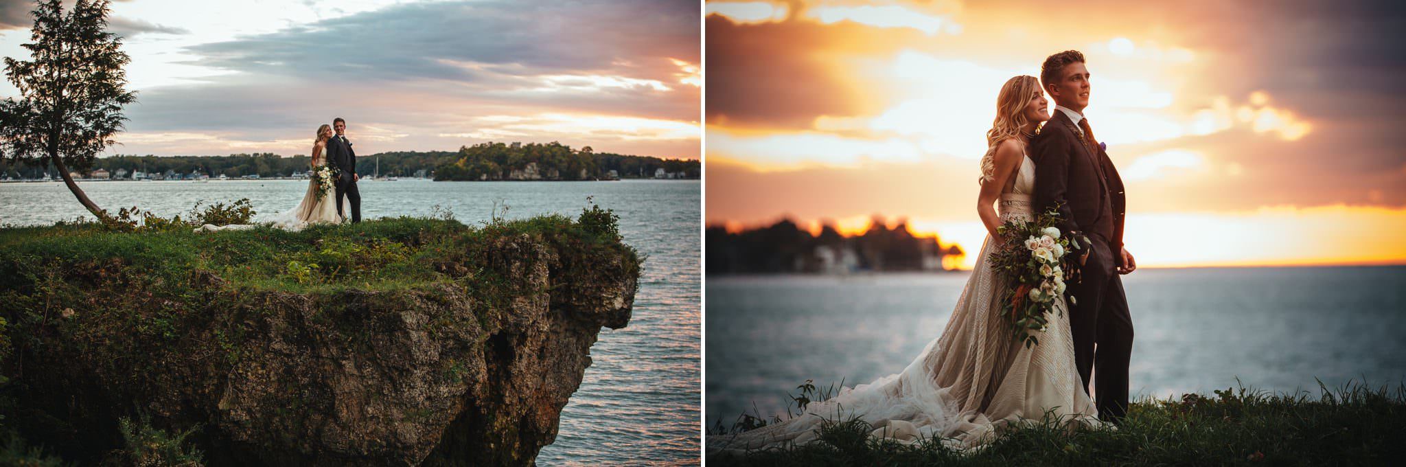 bride and groom sunset photo on a cliff