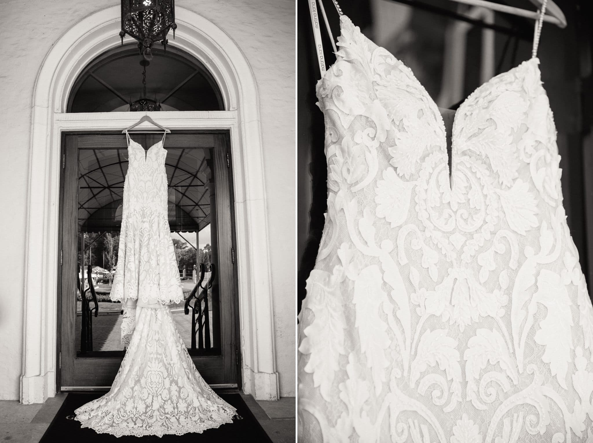 bride's dress hanging in door