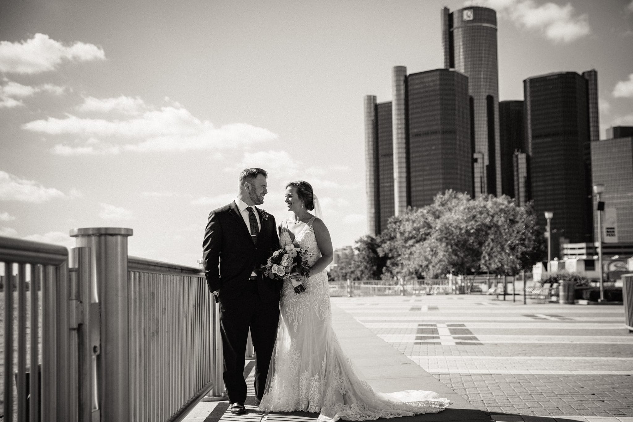 Detroit riverfront wedding photo