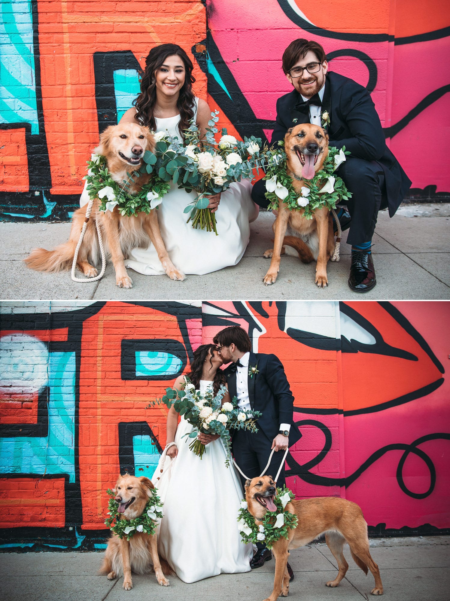 bride and groom posing with their two dogs
