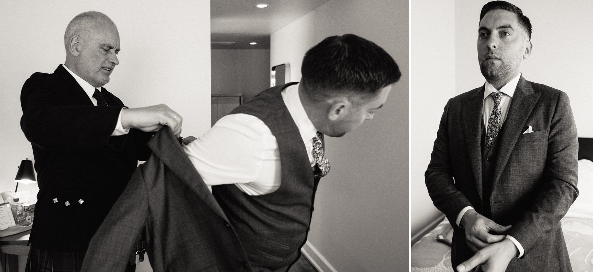 grooms father helping groom with suit jacket