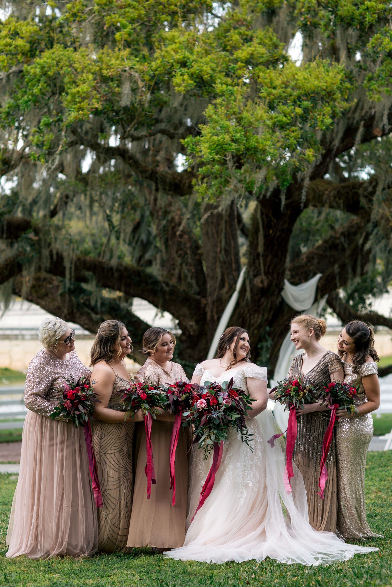 wedding party photo in front of an old oak tree in Florida