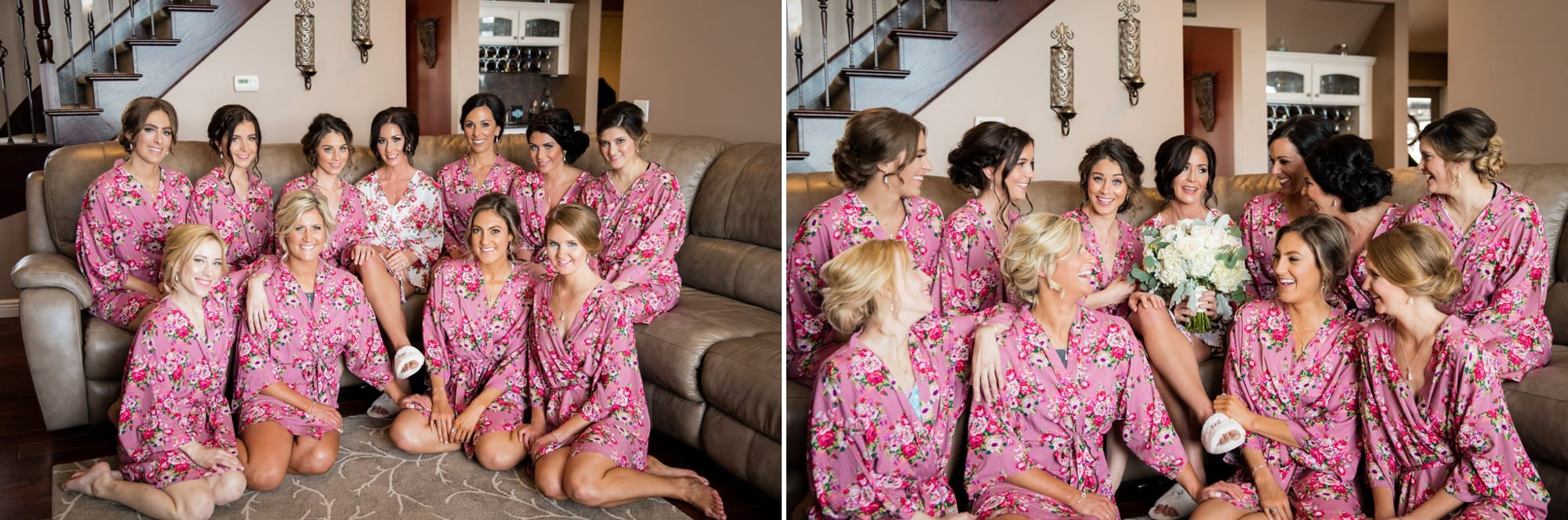 bride and bridesmaids in matching outfits