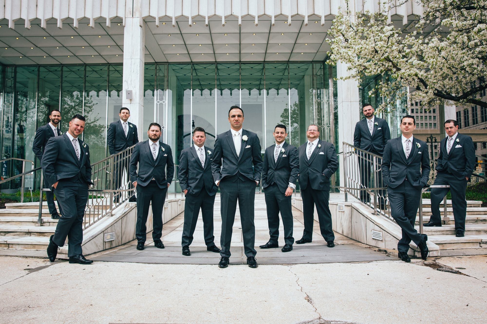groom and groomsmen wedding photo Downtown Detroit