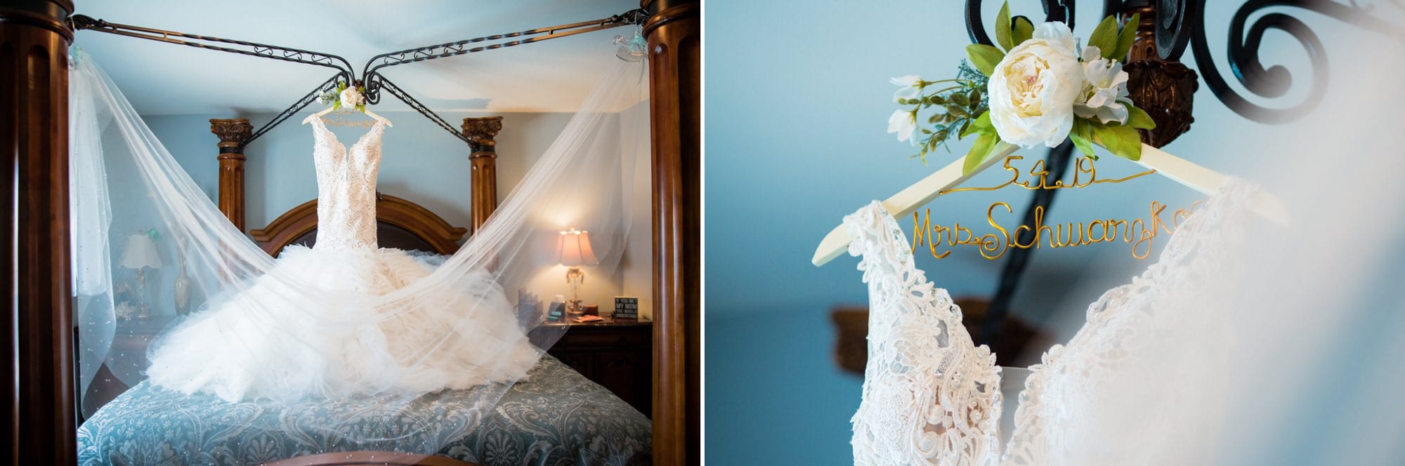 Wedding dress hanging on bed frame