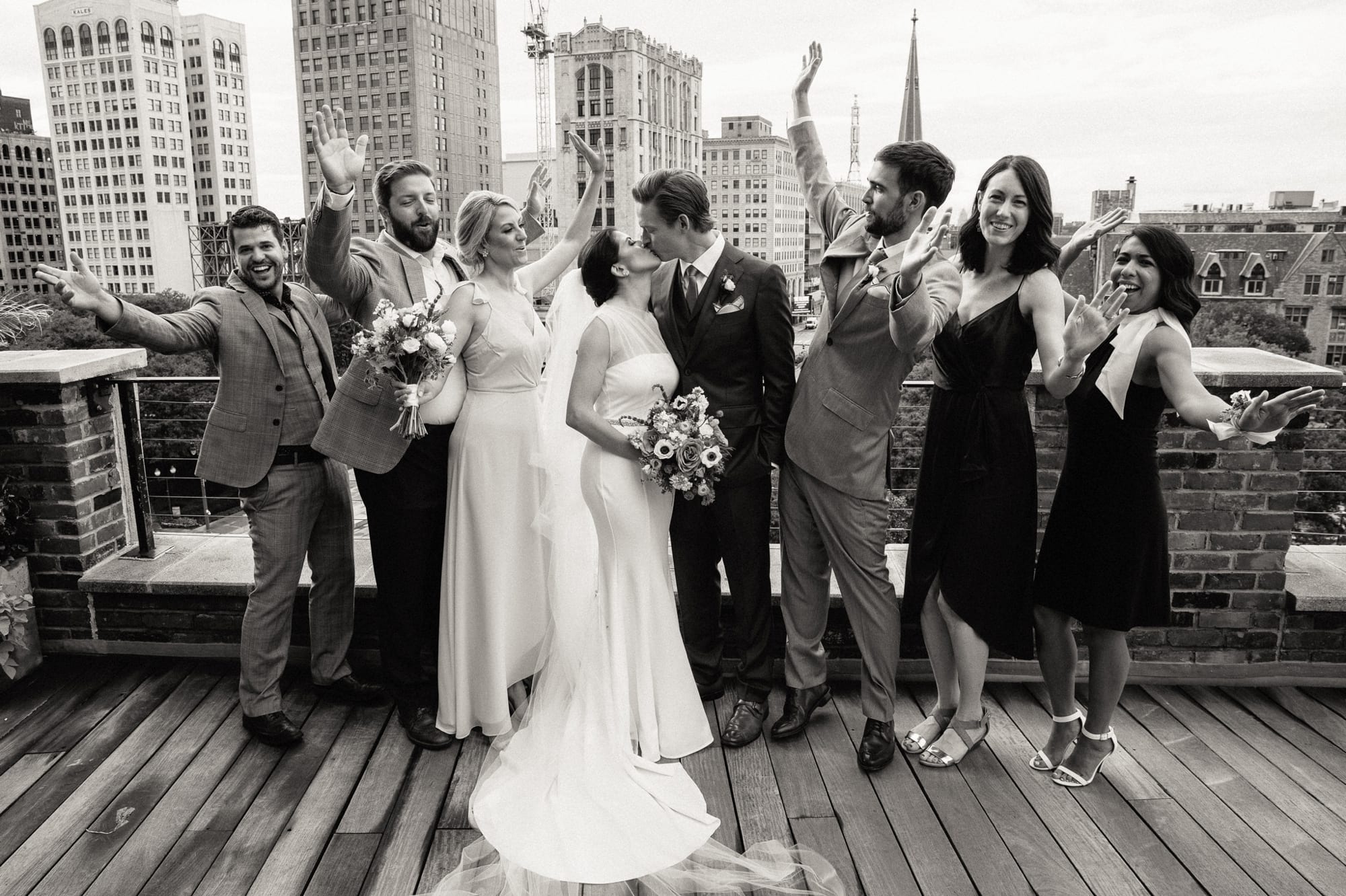 Wedding party photo on the rooftop of the Madison Building
