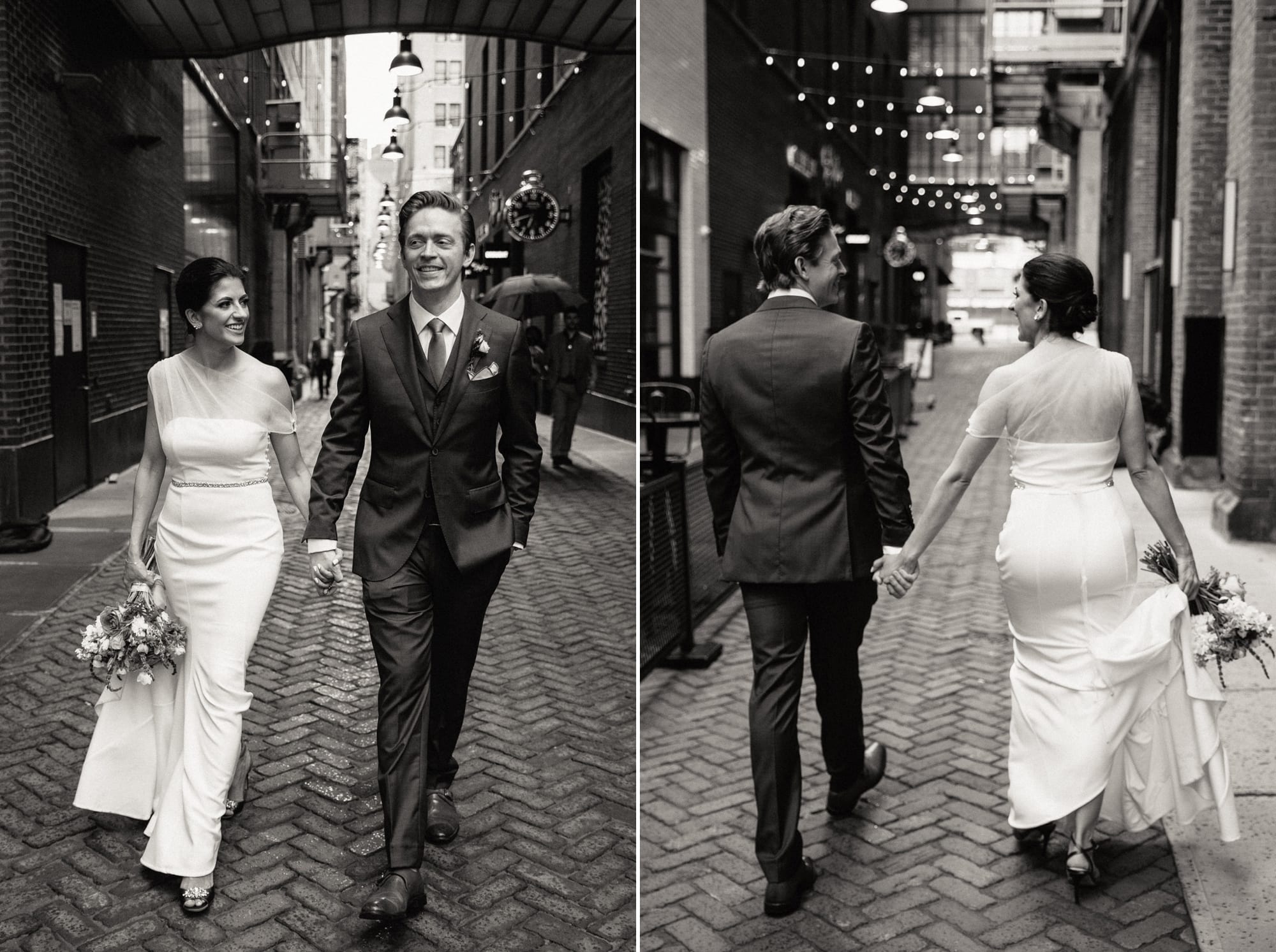 bride and groom walking down Parker's Alley in Detroit