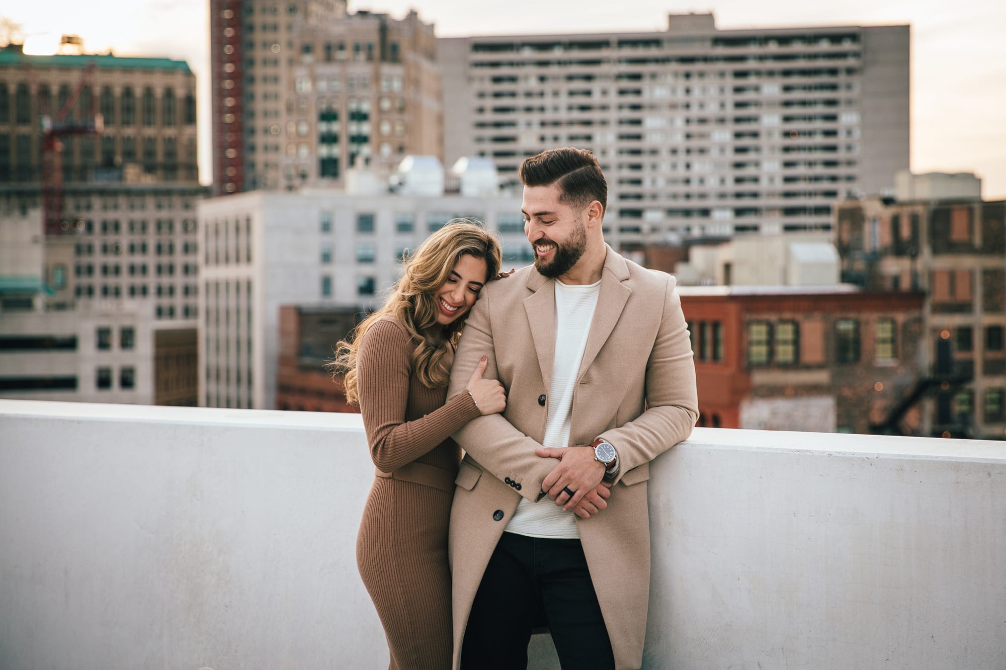 Engagement photo on Detroit rooftop
