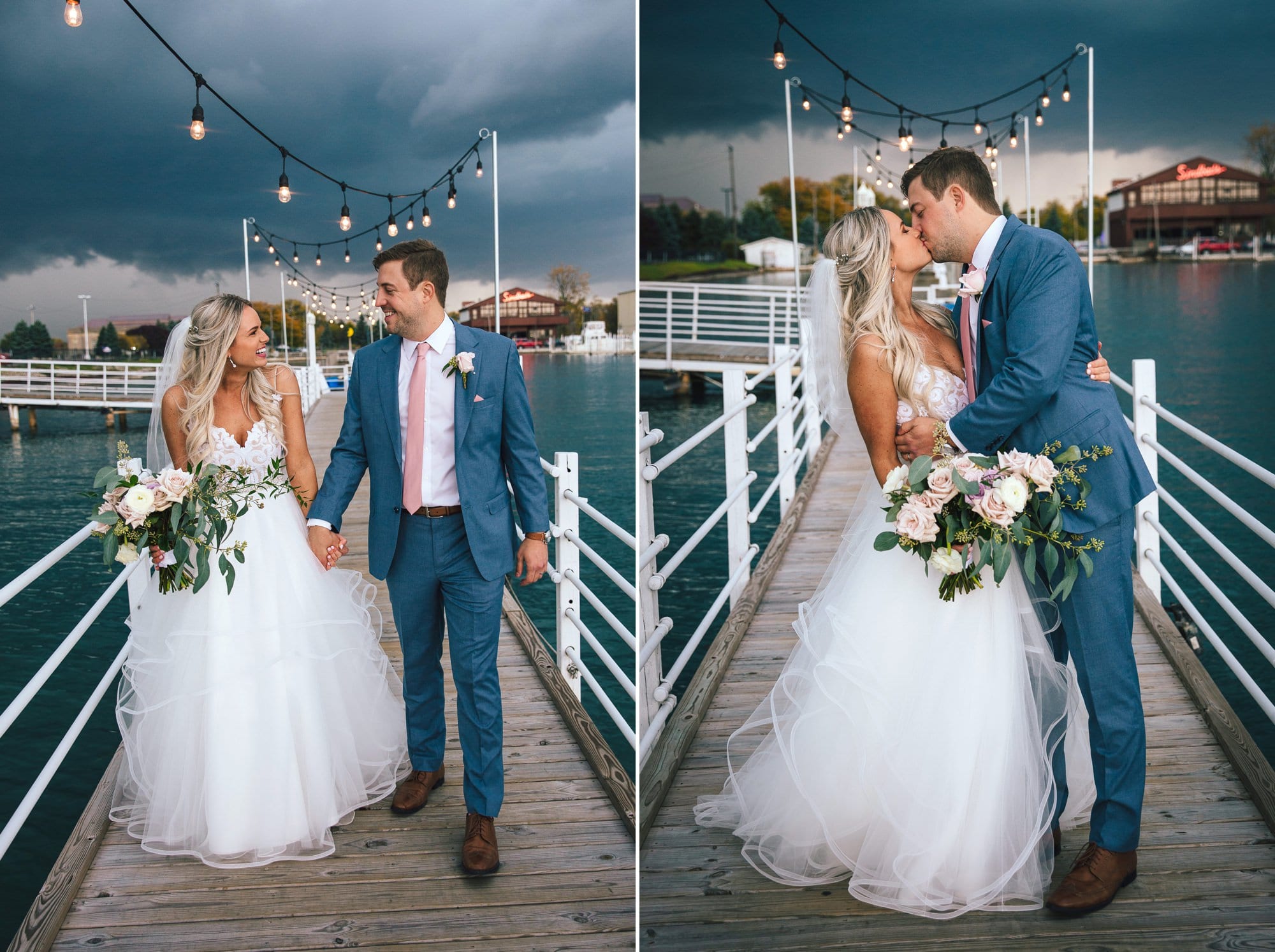 Bride and groom kissing on dock at the roostertail