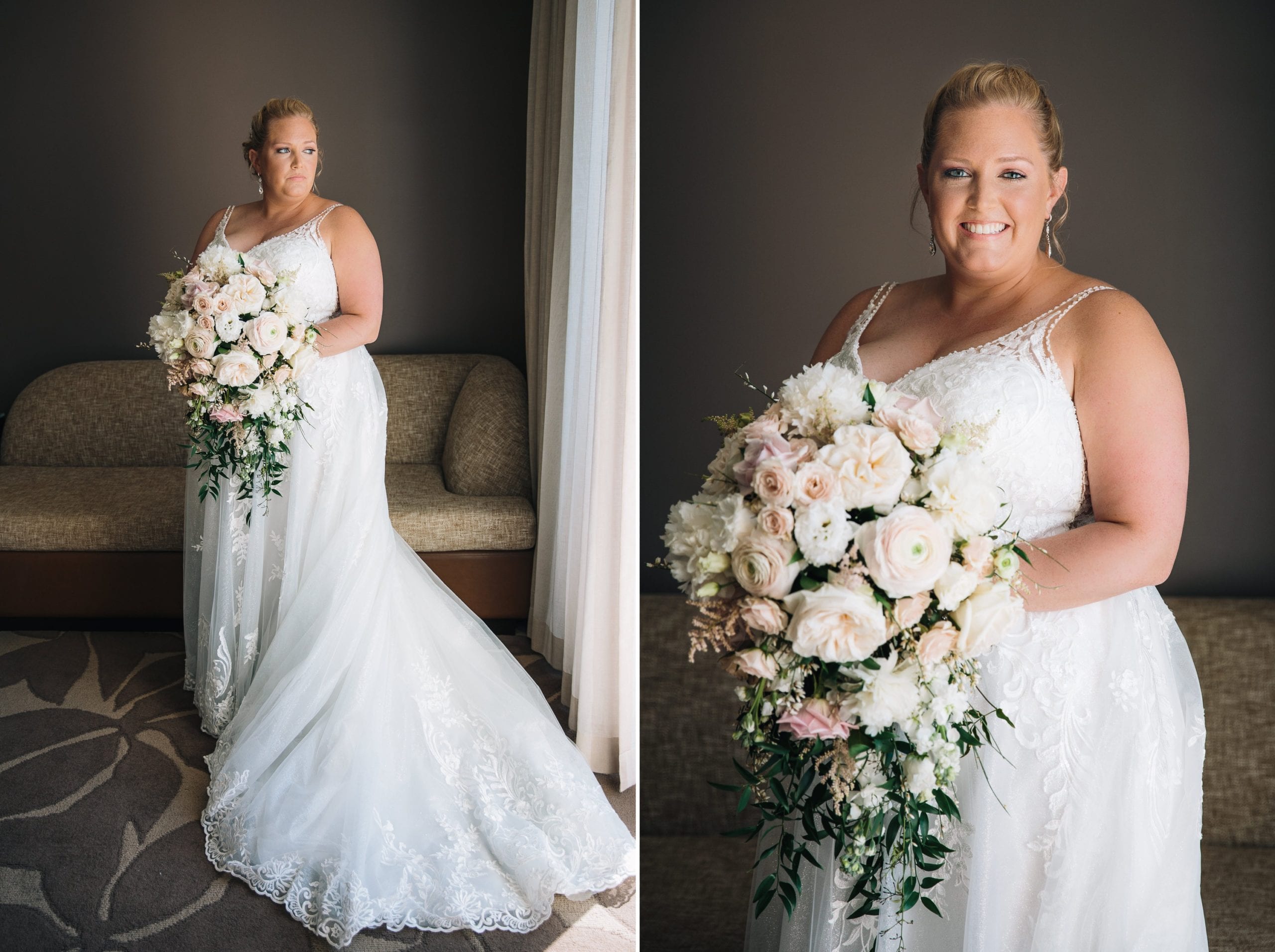 bride posing in front of window with bouquet