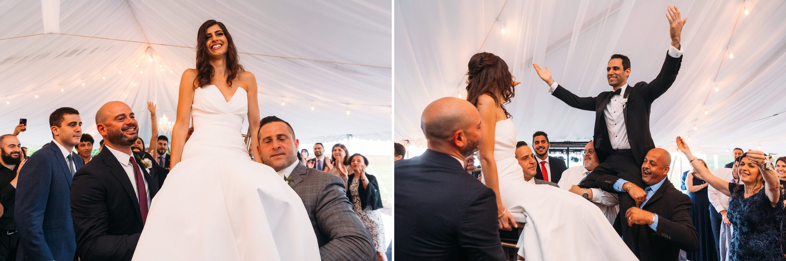 guest lifting up bride and groom on chairs during reception
