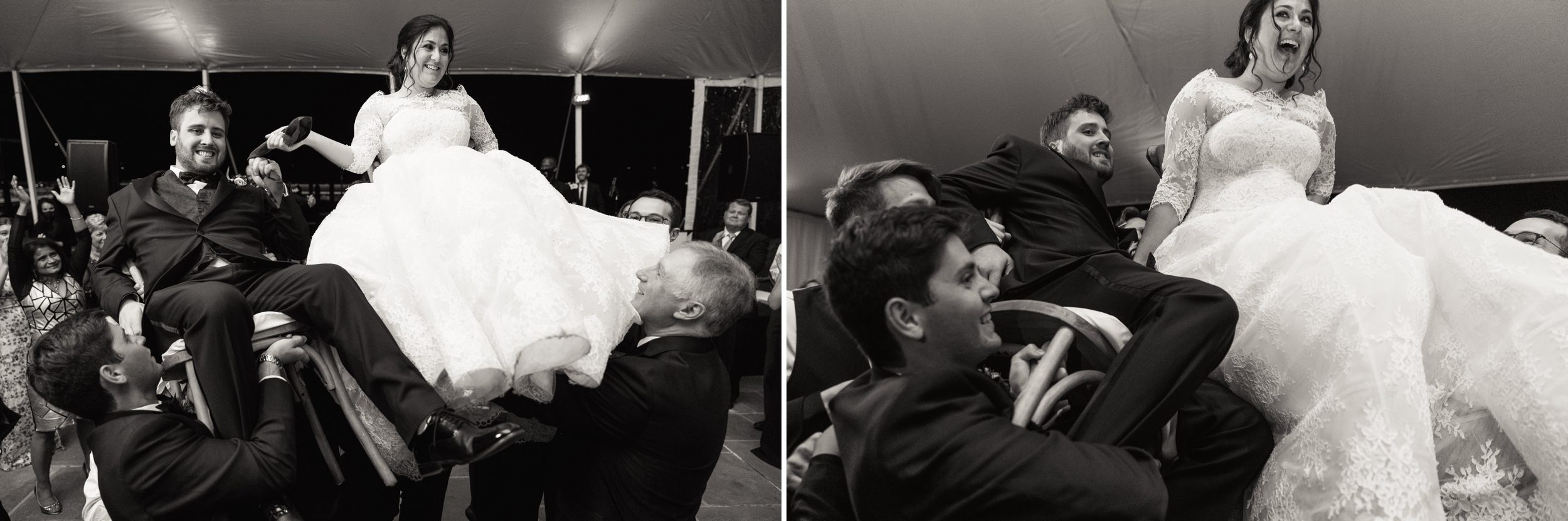 wedding guest lifting up bride and groom on chairs