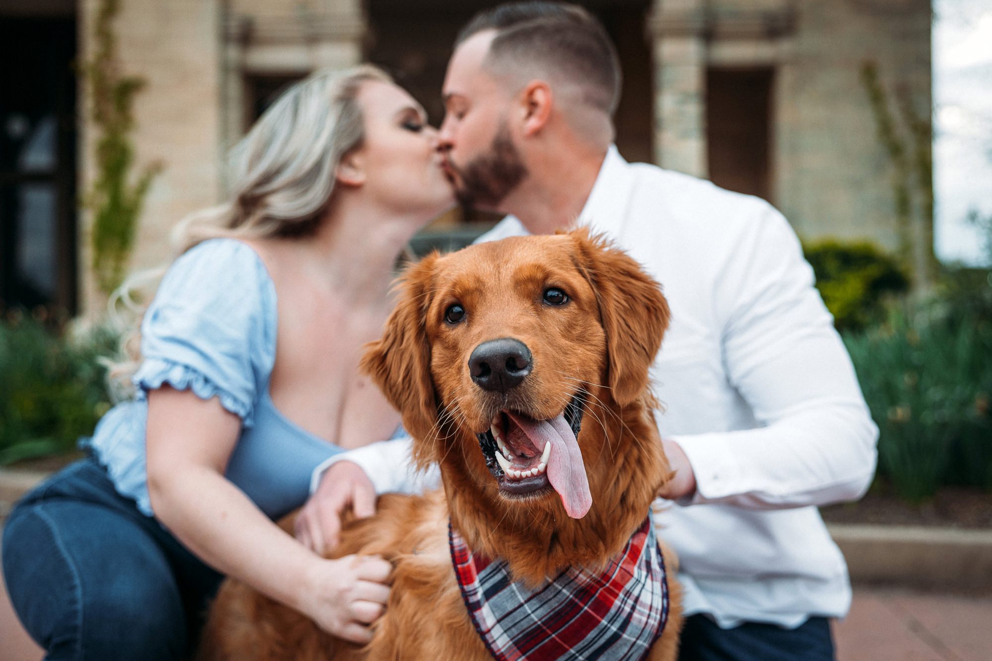 couple kissing with dog looking at camera