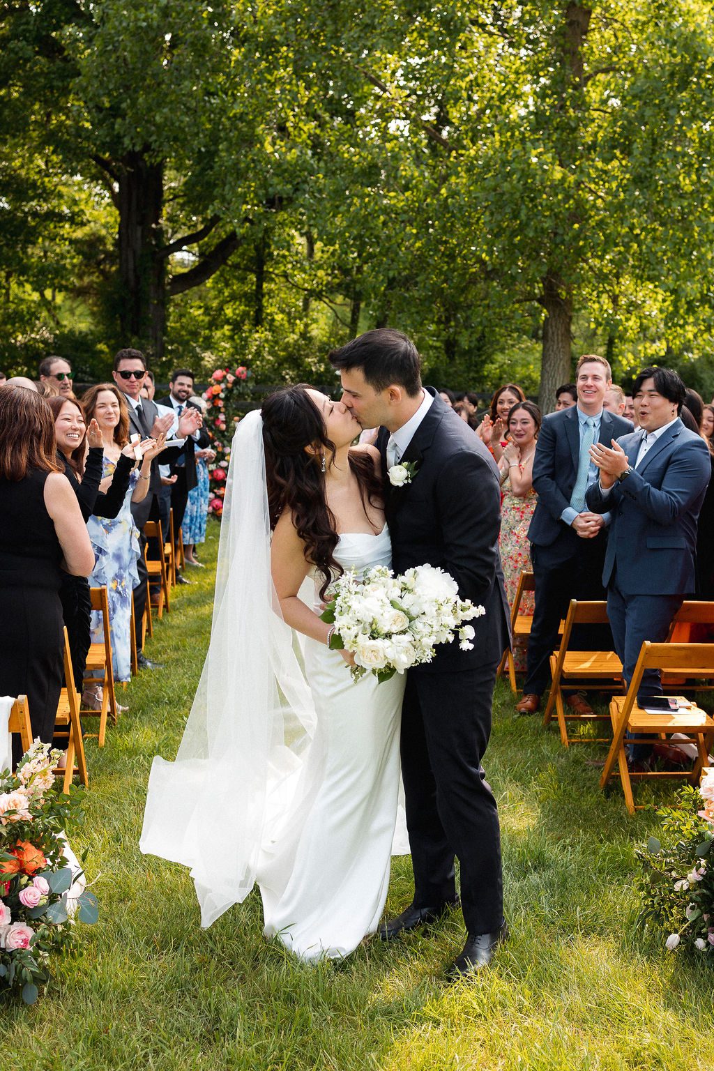 Bride and Groom Walk Down Aisle at Outdoor Wedding Ceremony, MI Farm