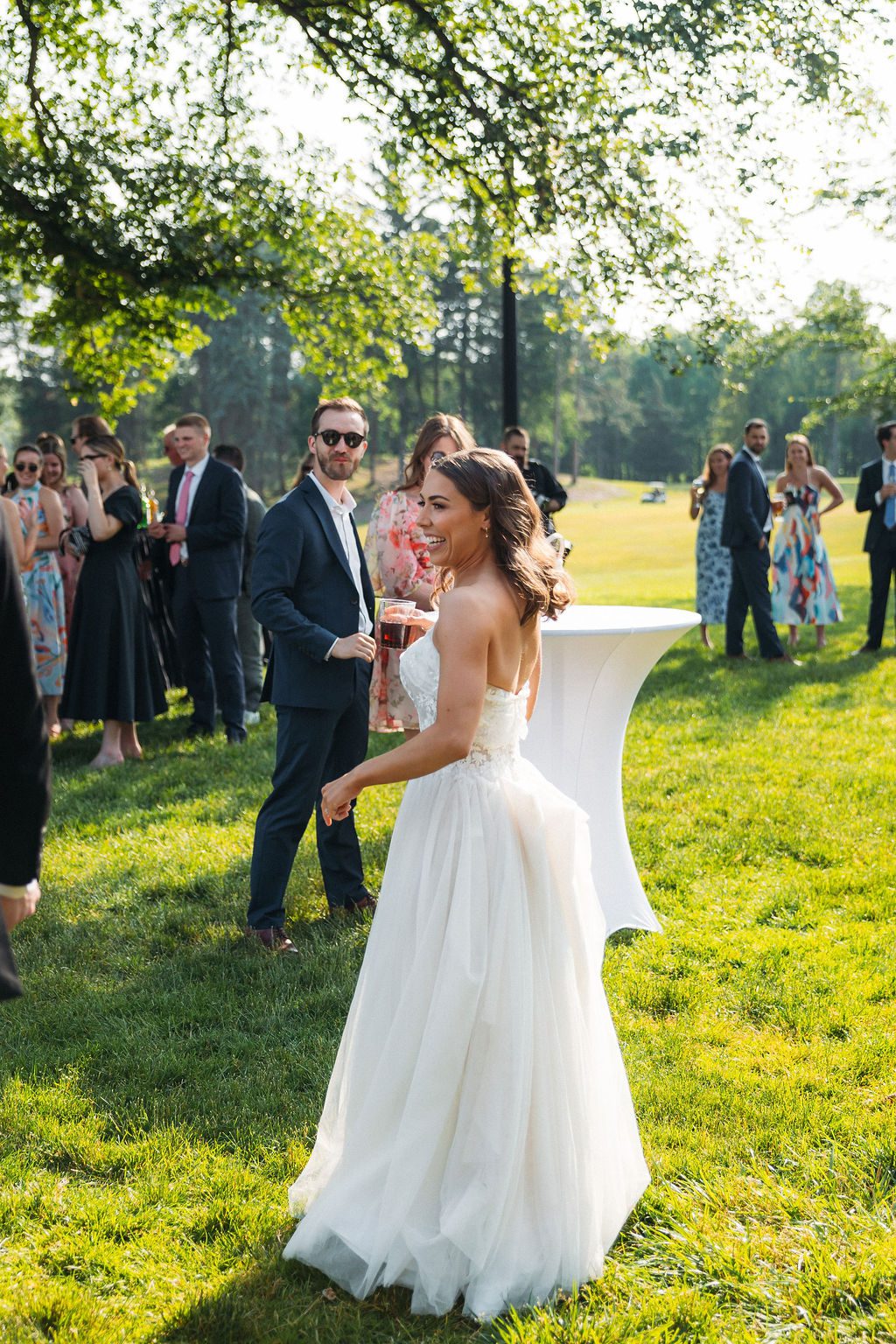 Bride Laughing During Cocktail Hour at Meadow Brook Hall