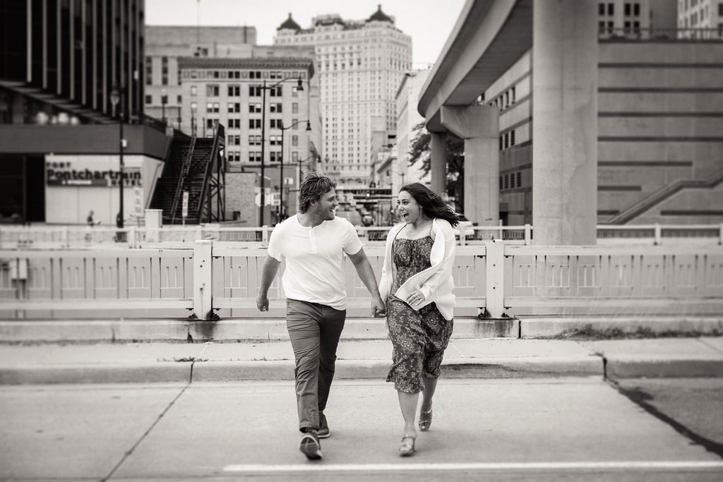 Couple Laughing, Having Fun During Engagement Photoshoot Detroit