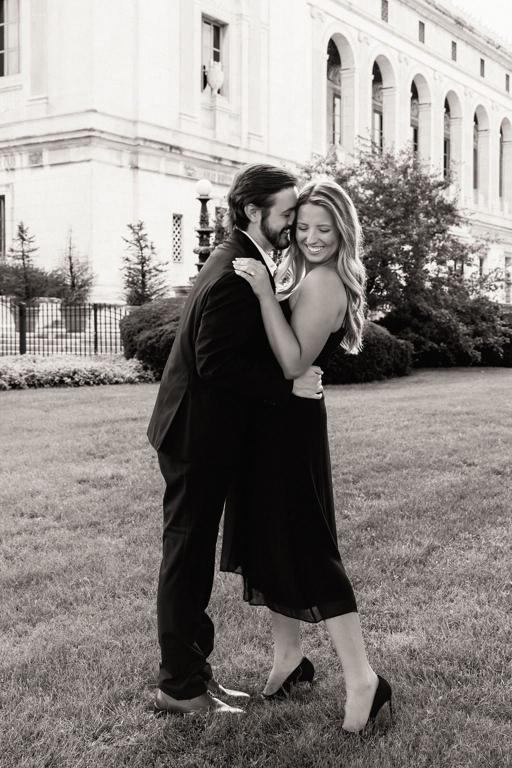 Couple Embrace During Photoshoot, Black and White Engagement Photos