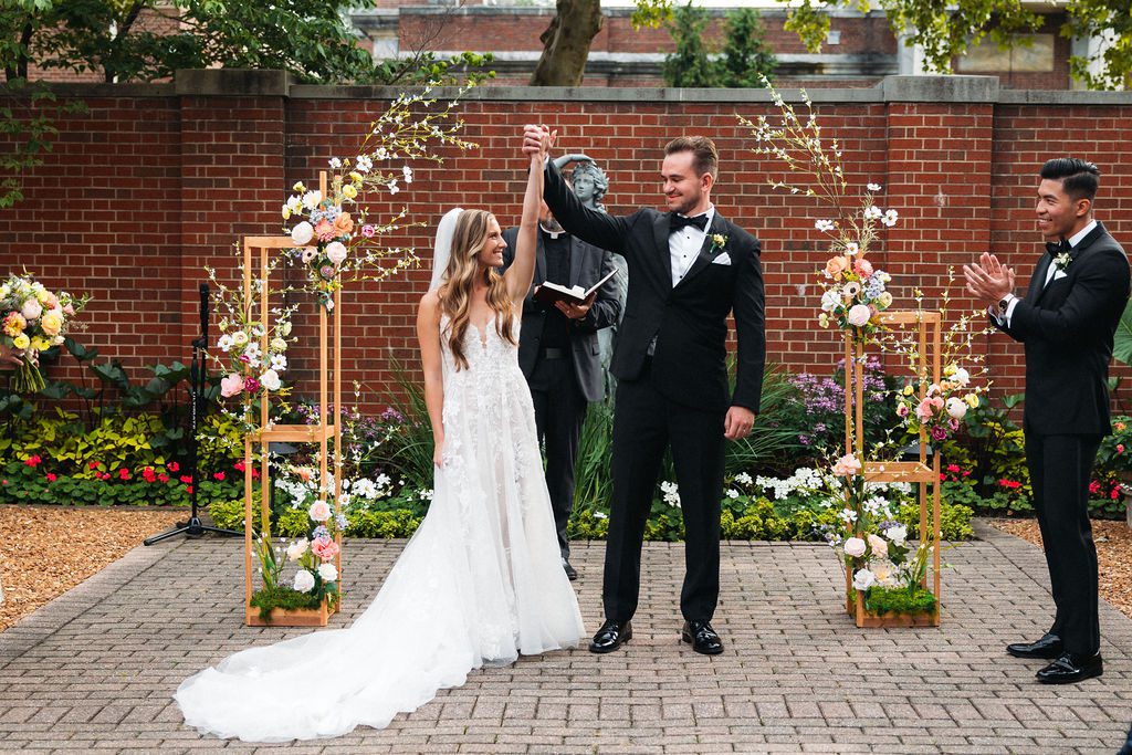 Bride and Groom Celebrate After Wedding Ceremony, Outdoor Venue MI